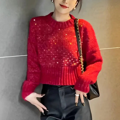 Korean Fashion Sequin Corset Sweater – O-Neck Solid Knit Pullover, Casual Long Sleeve Short Top for Women