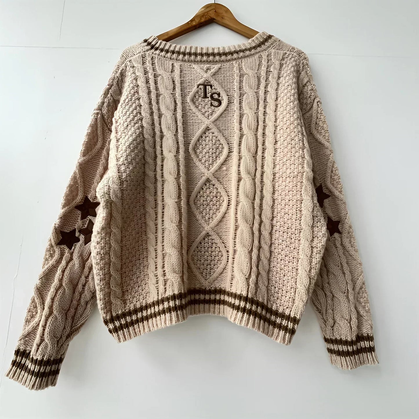 Butterfly Knitted Cardigan for Women – Beige Sweater with Brown Star Embroidery, V Neck Vintage Autumn Winter Tops