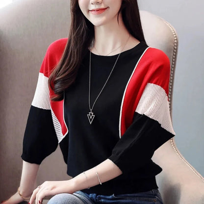 Elegant Contrast Color Patchwork Sweater – Office Lady Style, O-Neck 3/4 Sleeve Knitted Pullover for Women