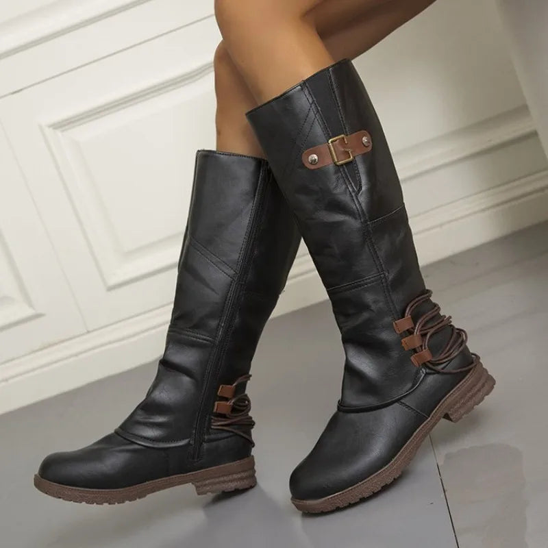 Women’s Roman Style Knee-High Boots – PU Leather Patchwork with Low Square Heel