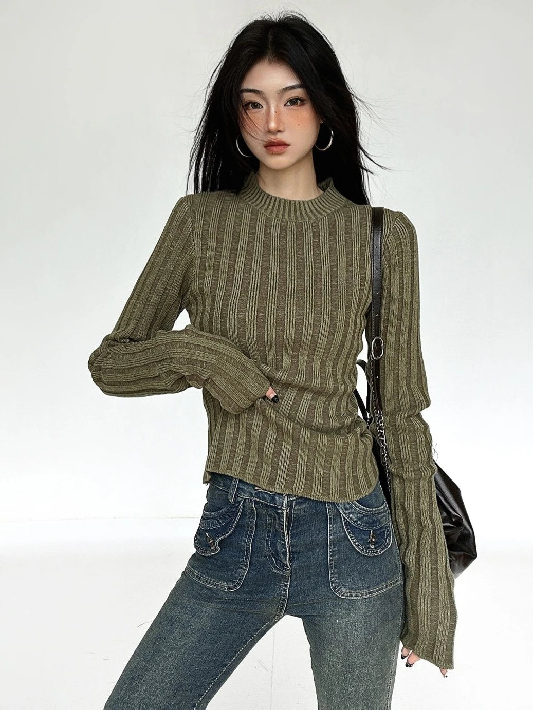 Deeptown Vintage Green Crop Sweater – Fairy Grunge Striped Pullover for Women, Slim-Fit Knitted Jumper, Harajuku Fashion Sueter Mujer