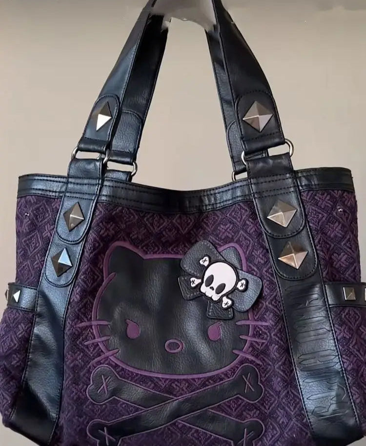 Sanrio Hello Kitty Y2K Vintage Patchwork Purple Armpit Bag – Sweet & Spicy Gothic Trend Handbag, Versatile Tote for Subculture Girls