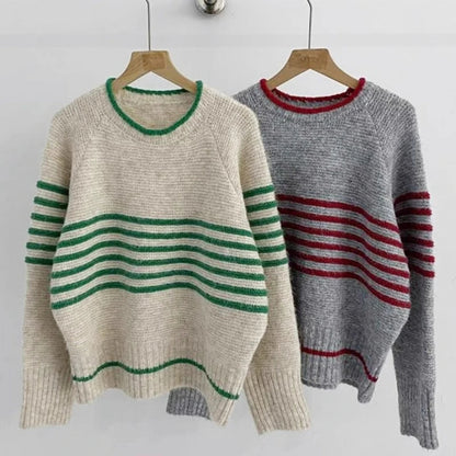Women’s Retro Striped Knit Pullover – Casual Korean O-Neck Sweater
