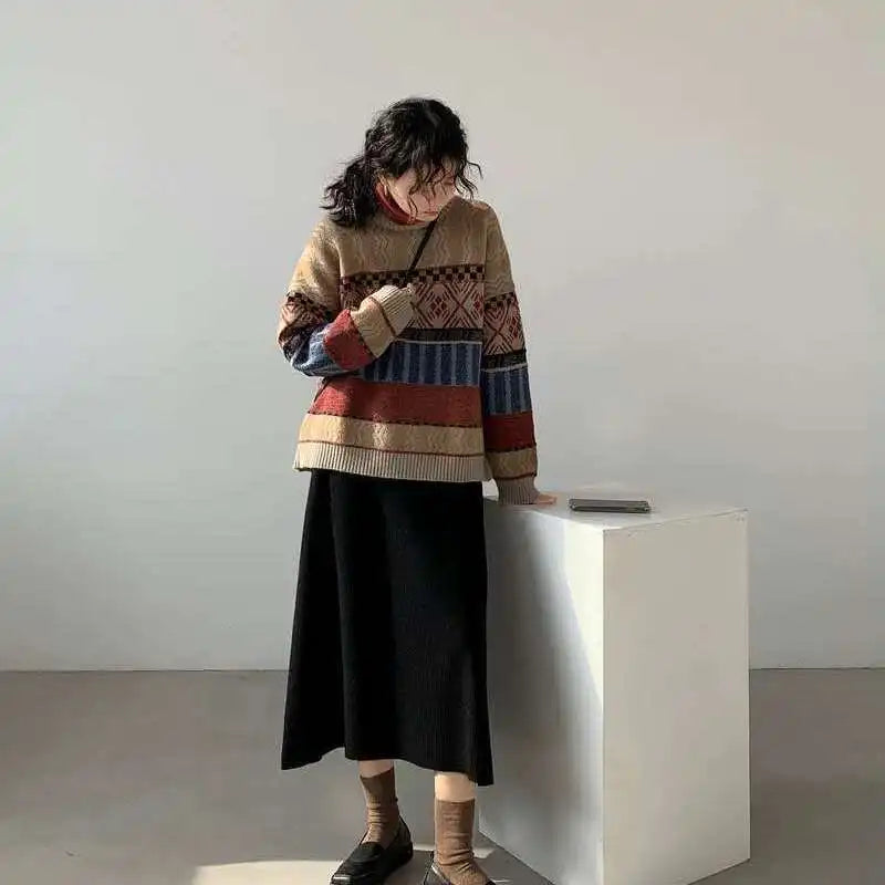 Vintage Turtleneck Sweater – Loose Geometric Pullover for Women 2026