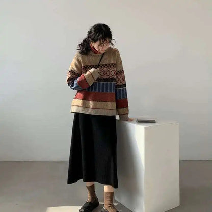 Vintage Turtleneck Sweater – Loose Geometric Pullover for Women 2026