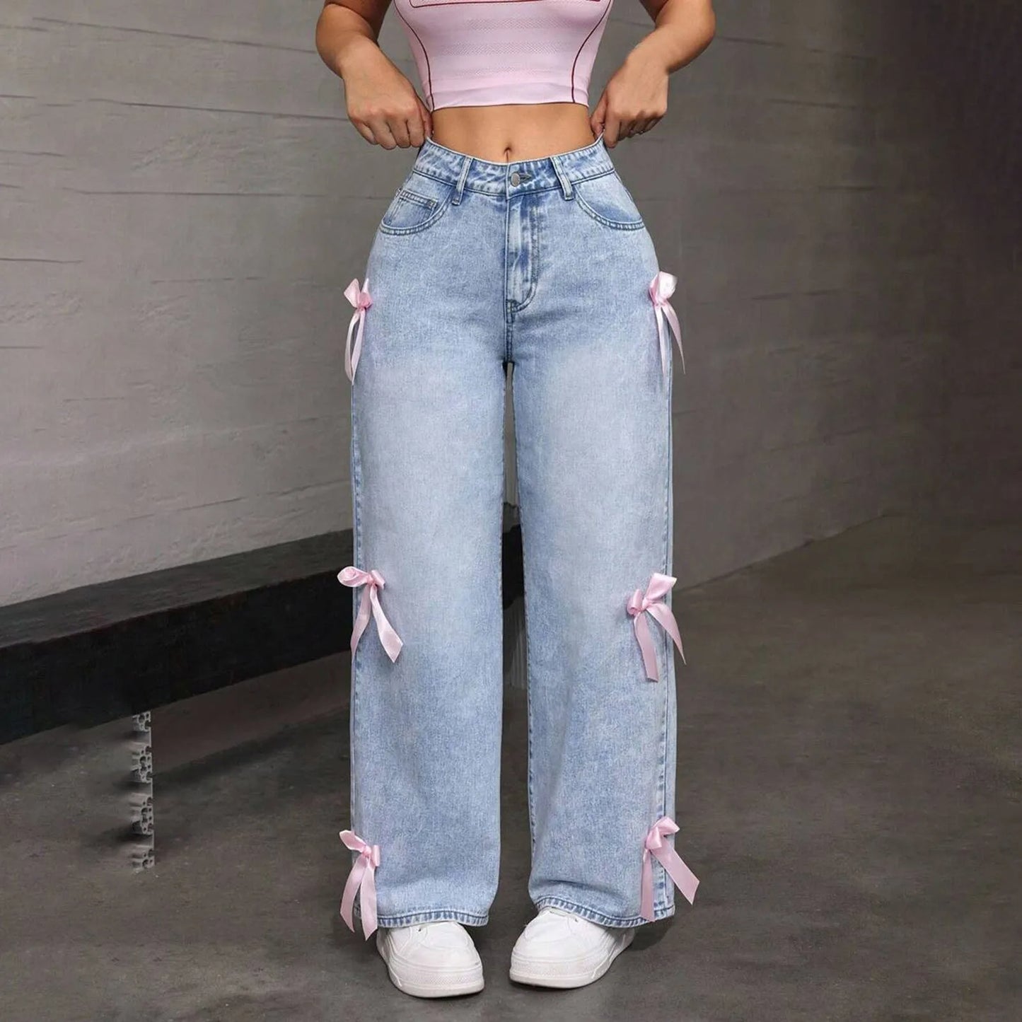 Jeans For Women High Quality High Waist American Wide Leg Pants Bow Embroidery Y2k Vintage Straight Summer Trousers New