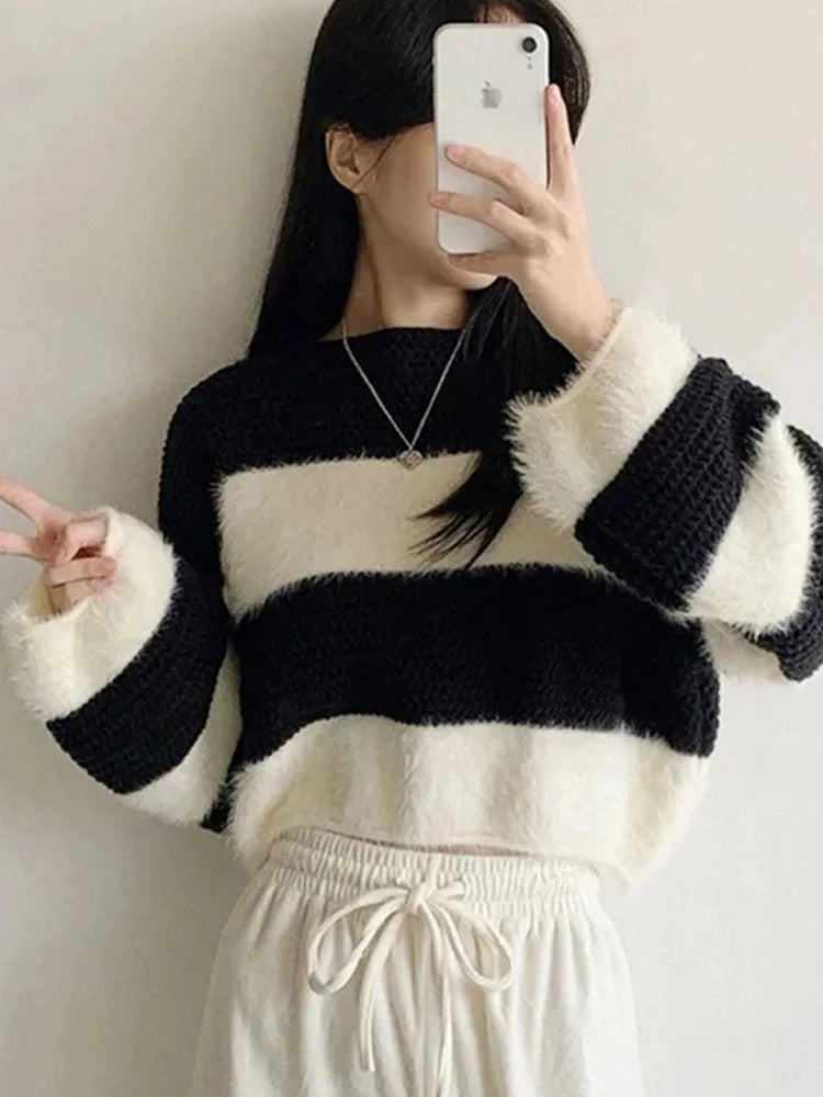 Women’s Striped Lantern Sleeve Pullover Sweater – Casual Winter Knit