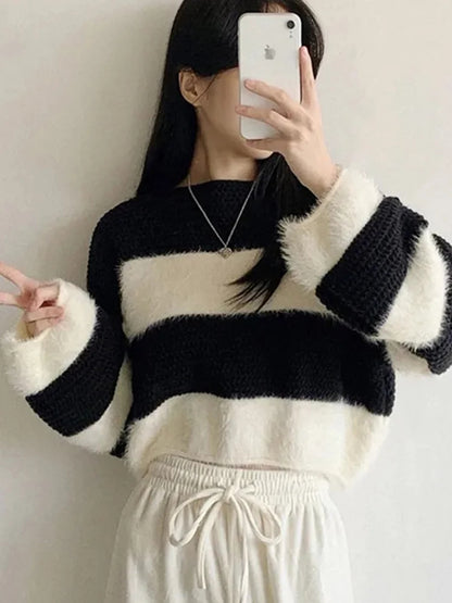 Women’s Striped Lantern Sleeve Pullover Sweater – Casual Winter Knit