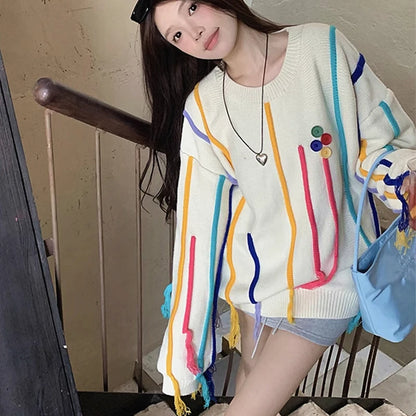 Winter Tassels Rainbow Striped Sweater Coat for Girls – Loose Oversized Y2K Knitted Pullover Jumper, Korean Fashion Top for Women