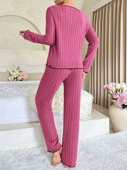 Women's Ribbed Pajama Set – Long Sleeve Top & Pants, Cozy Autumn Winter Loungewear & Sleepwear