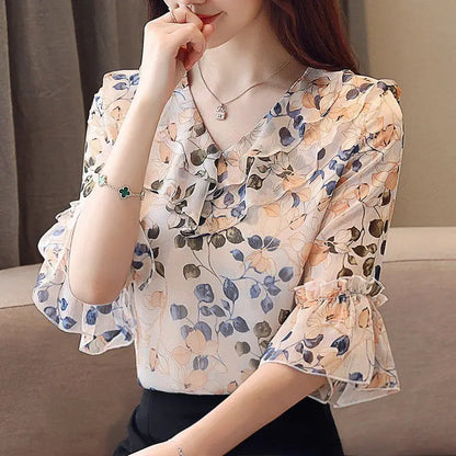 Short Flare Sleeve Plain O Neck Chiffon Women Blouse Top