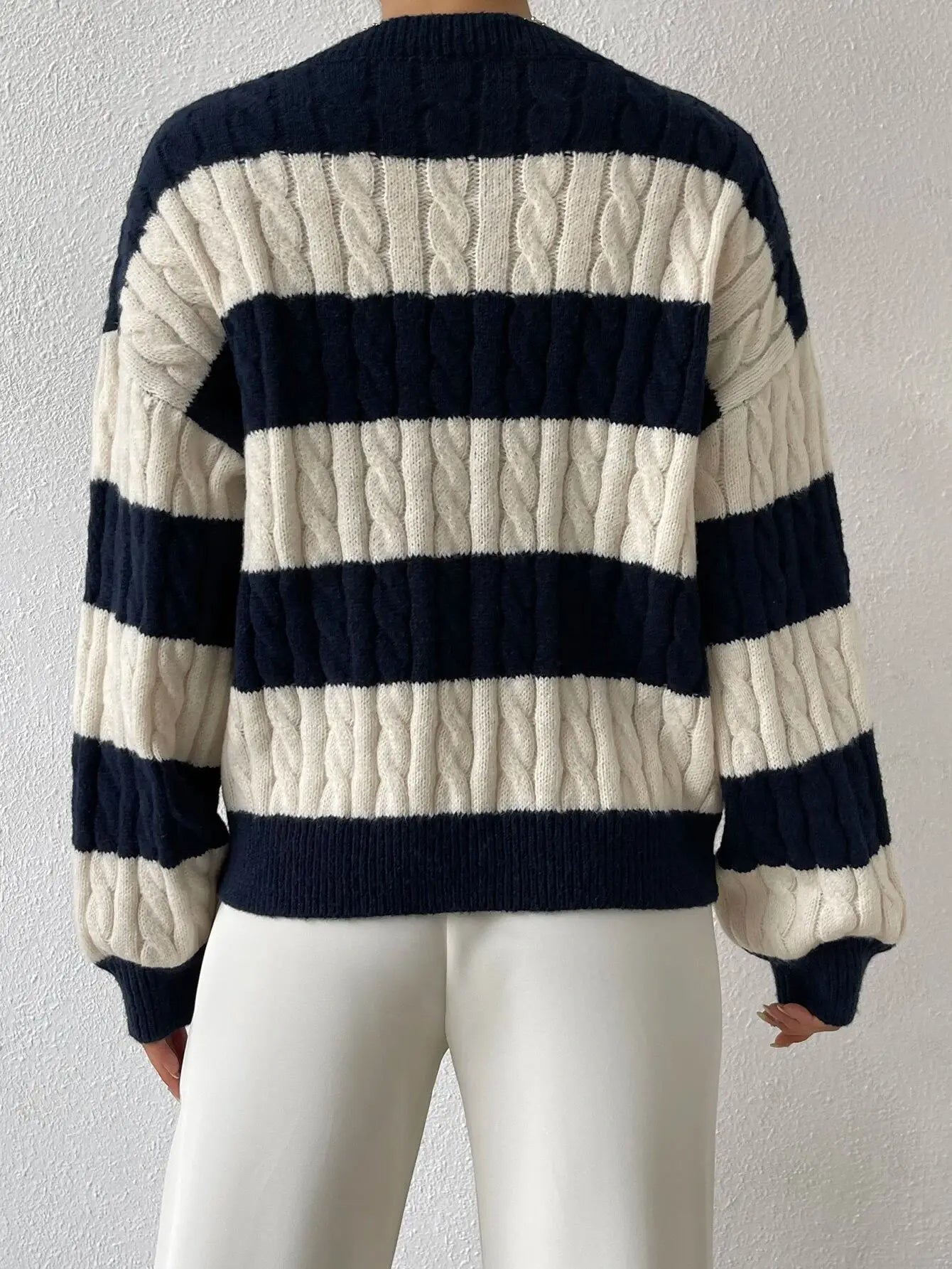 Autumn/Winter V-Neck Pullover Striped Sweater for Women – Loose & Comfortable Color Blocking Casual Trendy Knitted Tops