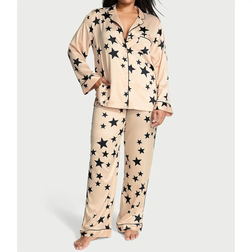 Women's Satin Pajama Set – 2-Piece Star Print Loungewear with Lapel Shirt & Elastic Waist Pants