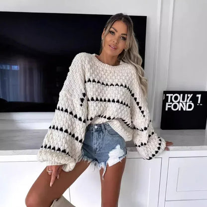 Autumn/Winter New Oversized Striped O-Neck Sweater for Women – Loose & Comfortable Casual Pullover, Fashion Trend Knitted Sweater