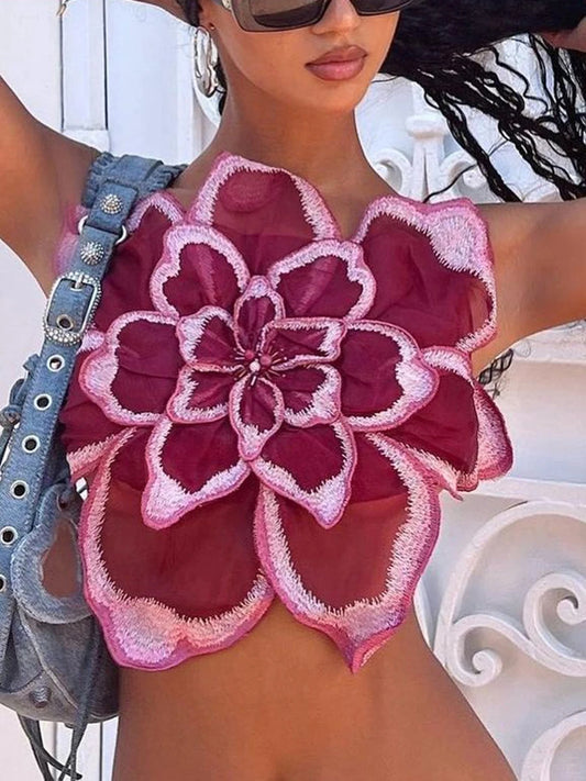 Sleeveless Backless Vest with Lace Flower – Party & Streetwear Summer Top