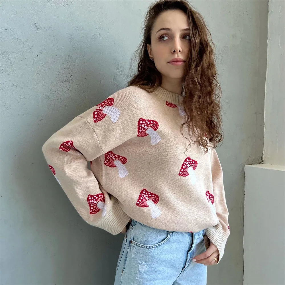 Mushroom Graphic Print Sweater – Trendy 2025 Fashion, Long Sleeve Plus Size Casual Streetwear Pullover for Women