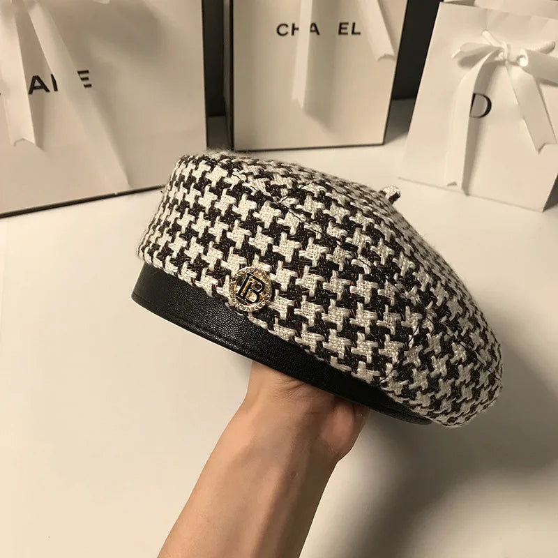 Women's Houndstooth Beret – New Fashion Retro British Octagonal Painter Hat for Autumn