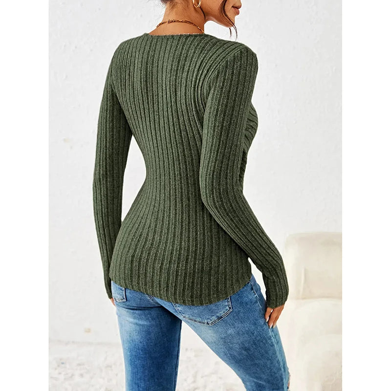 2025 New Button V-Neck Knitted Sweater for Women – Soft & Warm Autumn/Winter Pullover, Basic Fit Sweater Top