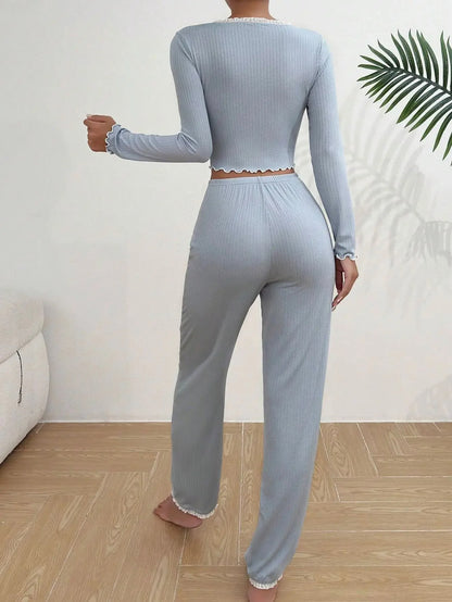 Women's Lace Pajama Set – Long Sleeve Top & Trousers, Elegant Autumn Winter Sleepwear & Loungewear