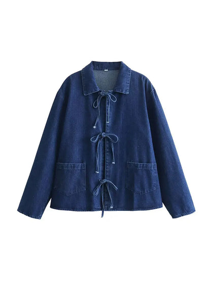 Lapel Collar Lace Up Denim Blouses