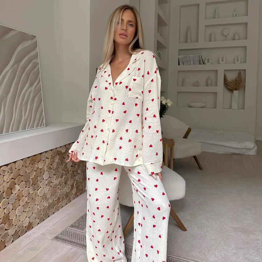 Women's Cotton Pajama Set – Summer Heart Print 2-Piece Sleepwear, Long Sleeve Button-Down Lapel Nightwear