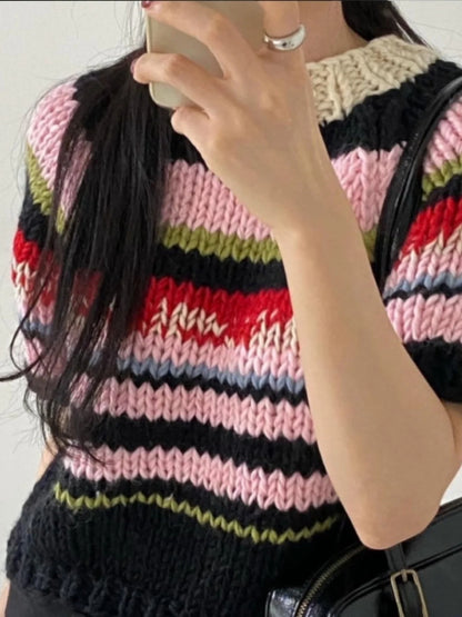 Women’s Rainbow Striped Knit Sweater – Slim Fit Short Sleeve Top