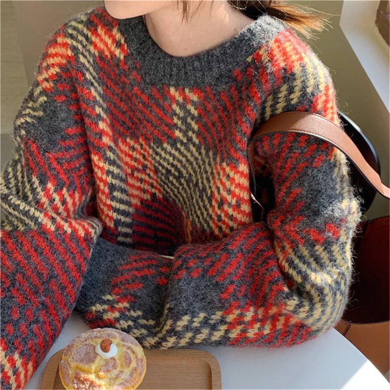 Korean-Style Rainbow Patchwork Sweater – Loose O-Neck Pullover 2026