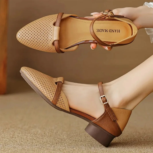 Mixed-Color Genuine Leather Sandals | Stylish Low Heel Summer Shoes for Women
