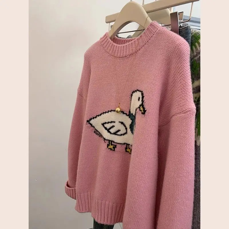 Cute Cartoon Embroidered Sweater – Trendy Pink Knit Pullover, Casual Loose Fit Long Sleeve Jumper for Women