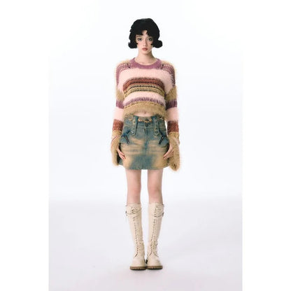 Rustic Loose Striped Knit Sweater Jacket for Women – Fur Spliced Pullover, Casual Spring & Autumn Outfit