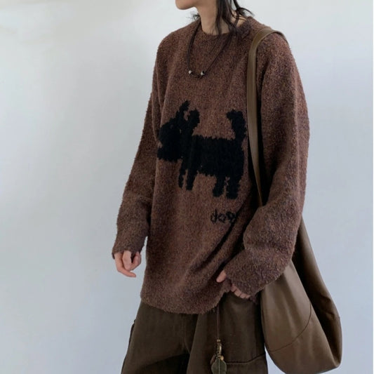 Loose Fit Polyester Knit for Teens Unisex Puppy Pattern Sweater