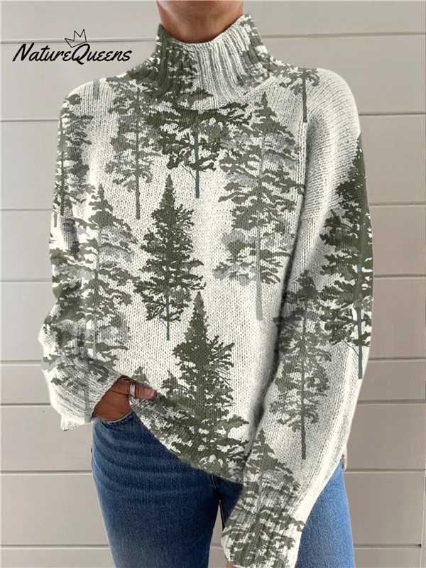 Women’s Christmas Turtleneck Sweater – Festive Printed Loose Pullover Holiday Knit