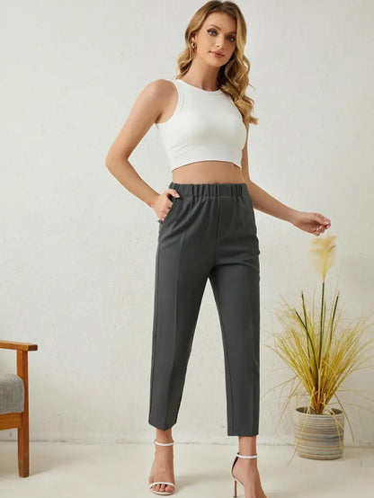 Elegant High Waisted Beige Trousers Stylish Office Fashion