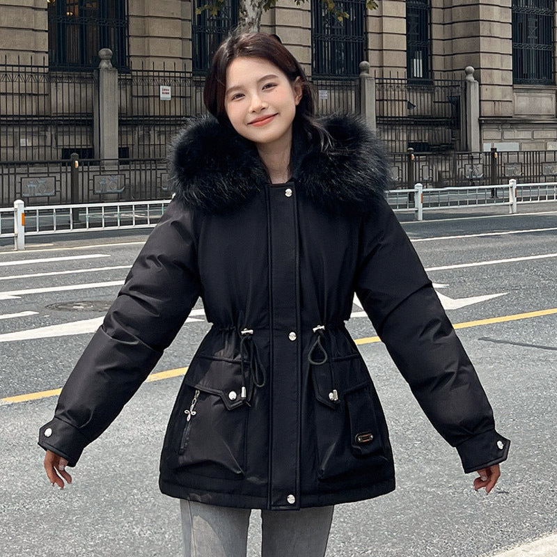 Women’s Waist-Tight Parka – Cozy Loose Fit Winter Coat with Fur Collar & Pockets
