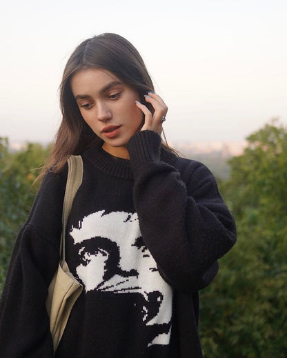 Loose Round Neck Pullover Sweet Wool Sweater – Elegant Black