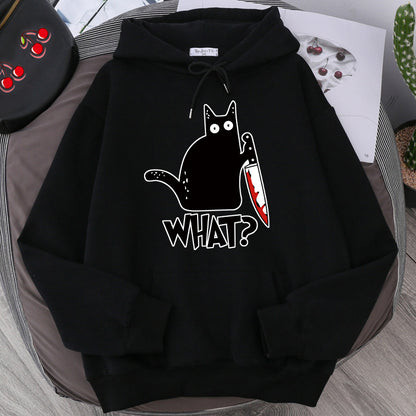 Cozy Style for Teens Killer Black Cat Patterned Wool-Lined Hoodies