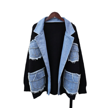 Urban Cool: Denim Stitching Knit Cardigan for Women