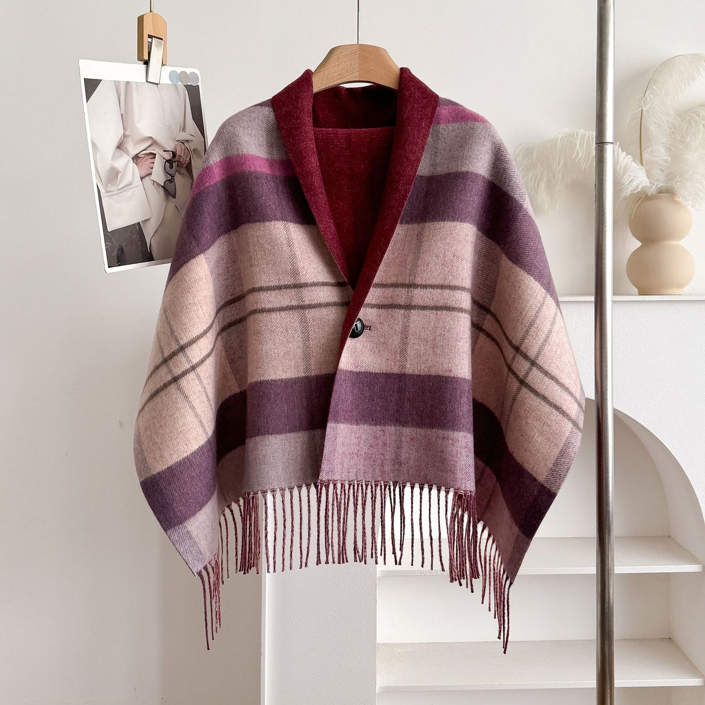 Double-Sided Wool Cloak – Tassel Shawl with Color Grid for Winter