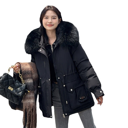 Women’s Waist-Tight Parka – Cozy Loose Fit Winter Coat with Fur Collar & Pockets