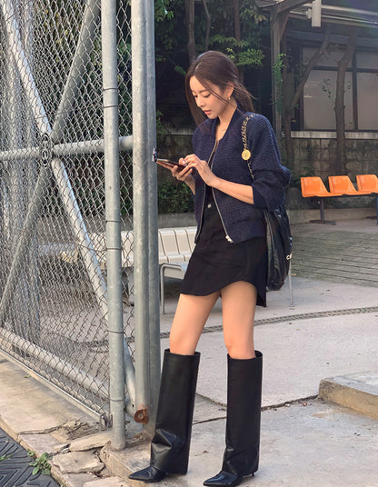 Korean Office Style Round Neck Tweed Jacket