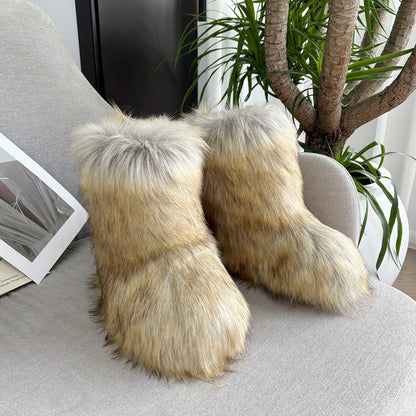 Solid Black Women Designer Snow Boots Metal Classic Furry Winter Warm Ankle Boots For Women