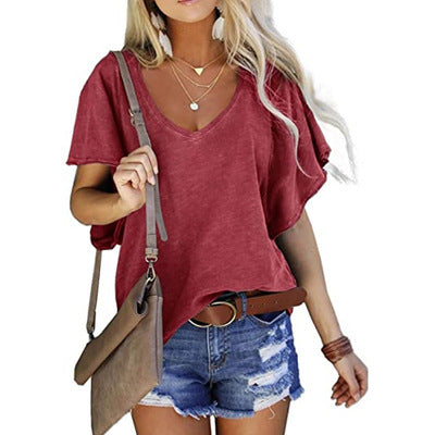 Summer V Neck Stitching Pullover T Shirt Loose Casual Solid Color Short Sleeved Top For Women Trendy Summer Style