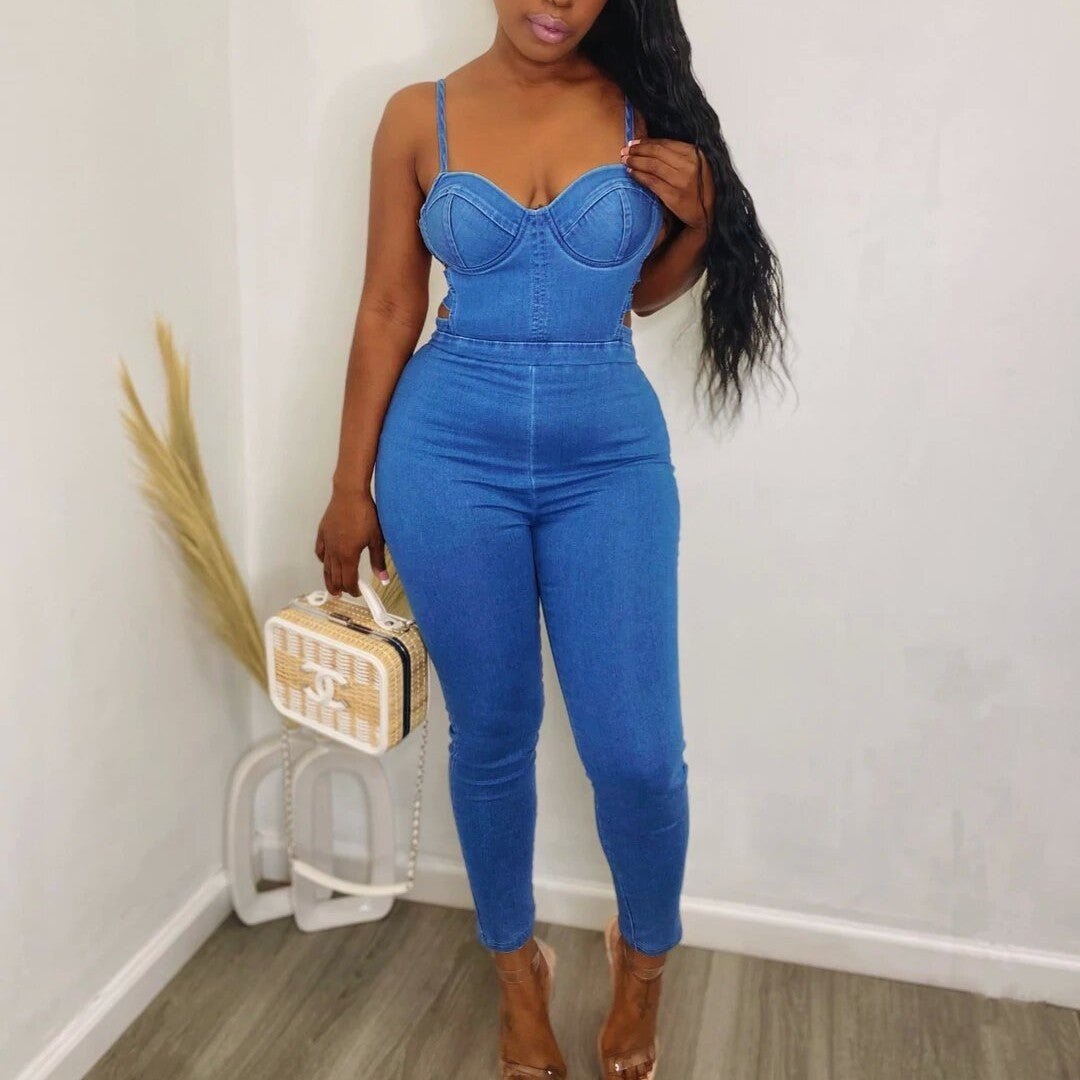 Women New Blue Denim Jumpsuit Rompers