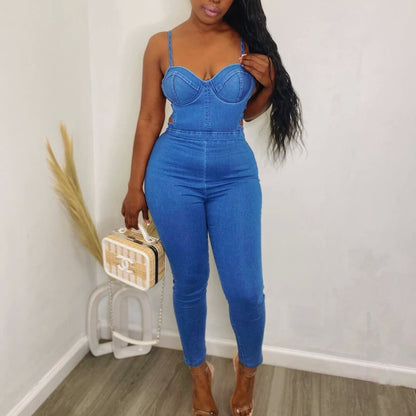 Women New Blue Denim Jumpsuit Rompers