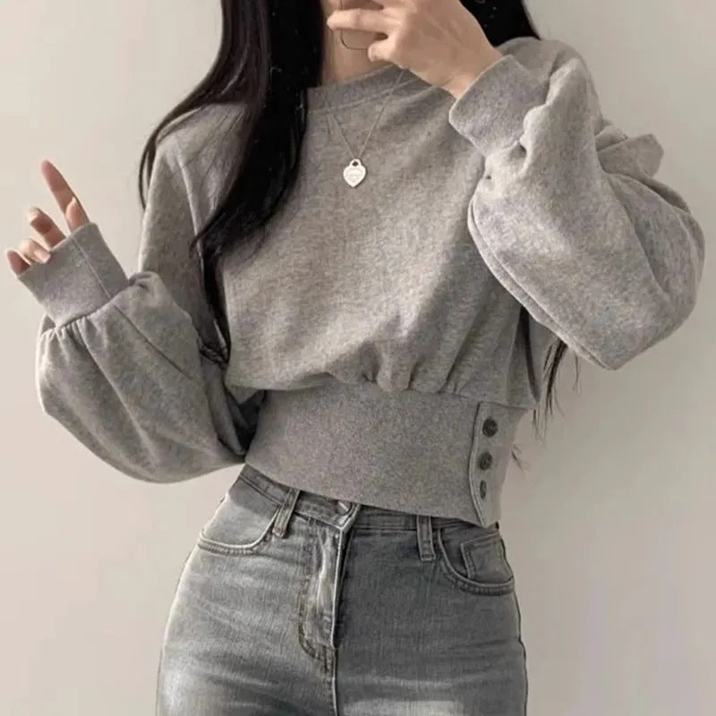 Autumn Crew Neck Buttoned Short Pullover Sweatshirt for Women