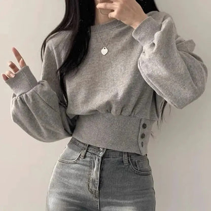 Autumn Crew Neck Buttoned Short Pullover Sweatshirt for Women