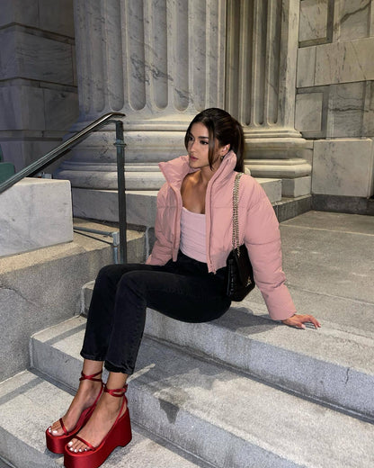 Women's Stand Collar Thickened Short Padded Puffer Jackets – Coats Outfits Women & Cozy Winter Style