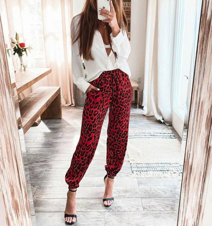 Leopard Print Casual Wide-Leg Trousers – Elastic Waist Women’s Pants