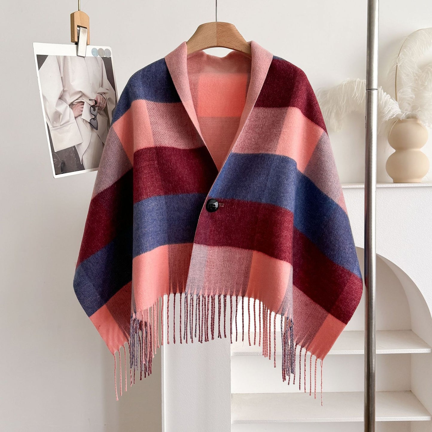 Double-Sided Wool Cloak – Tassel Shawl with Color Grid for Winter