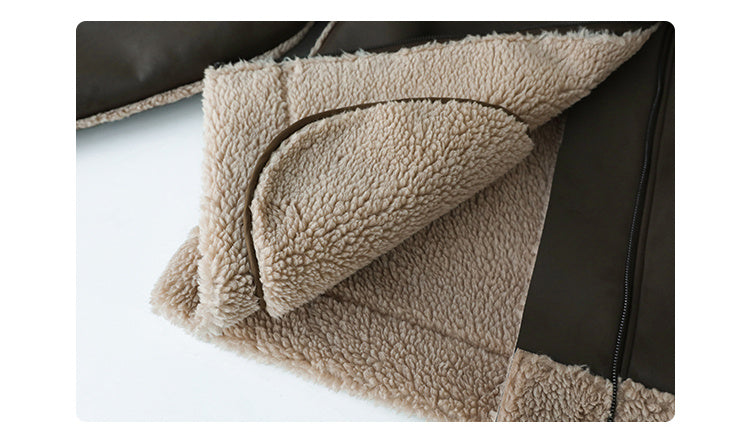 Women’s Lamb Wool PU Leather Motorcycle Jacket – Loose Fit Black & Dark Coffee Coats 2025